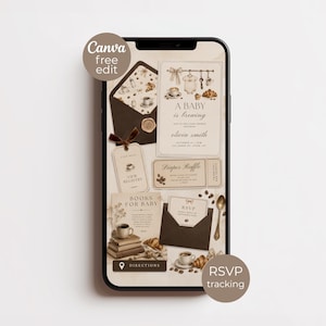 Può includere: Uno schermo di smartphone che mostra un set di inviti per baby shower a tema caffè. Il design presenta toni beige e marroni, illustrazioni di tazze di caffè, croissant e articoli per neonati, con testo tra cui A BABY is brewing e RSVP.