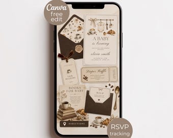 May include: A smartphone screen displaying a coffee-themed baby shower invitation suite. The design features beige and brown tones, illustrations of coffee cups, croissants, and baby items, with text including A BABY is brewing and RSVP.
