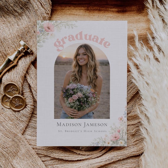 Wildflower Graduation Invitation Template Editable Photo Grad Invite 2026 Blush Floral Senior Girl Party Invite Digital Download