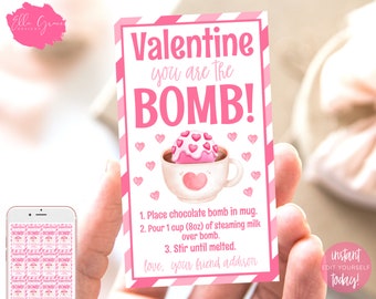 Etiqueta de bomba de chocolate caliente editable, etiqueta de bomba de cacao caliente del Día de San Valentín, instrucciones de la etiqueta de la bomba, etiqueta de regalo de San Valentín, descarga instantánea