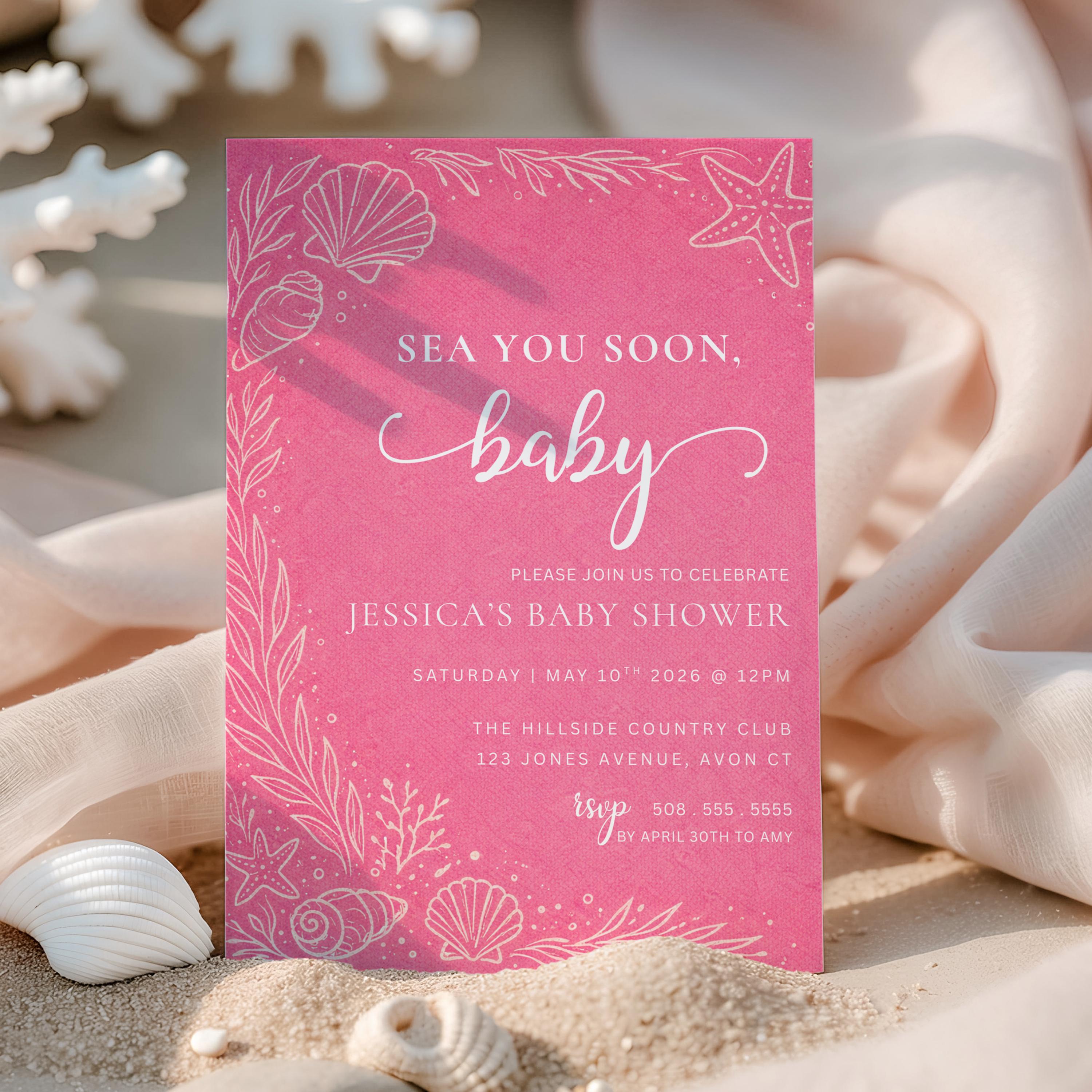 Editable Sea You Soon Baby Shower Invitation Girl Pink Beach Baby ...