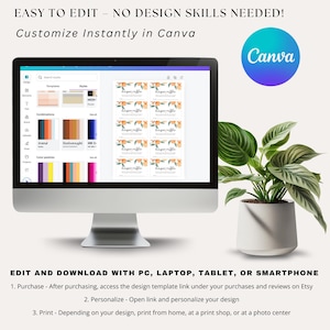 K&ouml;nnte beinhalten: Ein Computerbildschirm zeigt eine Canva-Designvorlage f&uuml;r ein Tombola-Ticket mit einem orangefarbenen und floralen Design. Der Text "lieper raffle" ist auf der Vorlage sichtbar. Der Bildschirm befindet sich auf einem wei&szlig;en Schreibtisch mit einer Topfpflanze im Vordergrund.