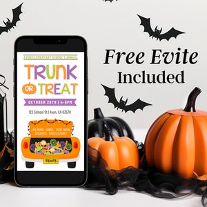 Może przedstawiać: Smartfon wyświetlający cyfrowe zaproszenie na imprezę Trunk or Treat w szkole podstawowej Avon. Impreza odbędzie się 28 października w godzinach od 16:00 do 20:00. Zaproszenie zawiera kresk&oacute;wkową ilustrację bagażnika samochodu wypełnionego słodyczami i tekst "TRUNK OR TREAT".