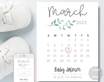 March Due Date Calendar Printable, Baby Pregnancy Announcement, Printable Pregnancy Announcement, New Baby Reveal, Digital Photo Prop, PDF