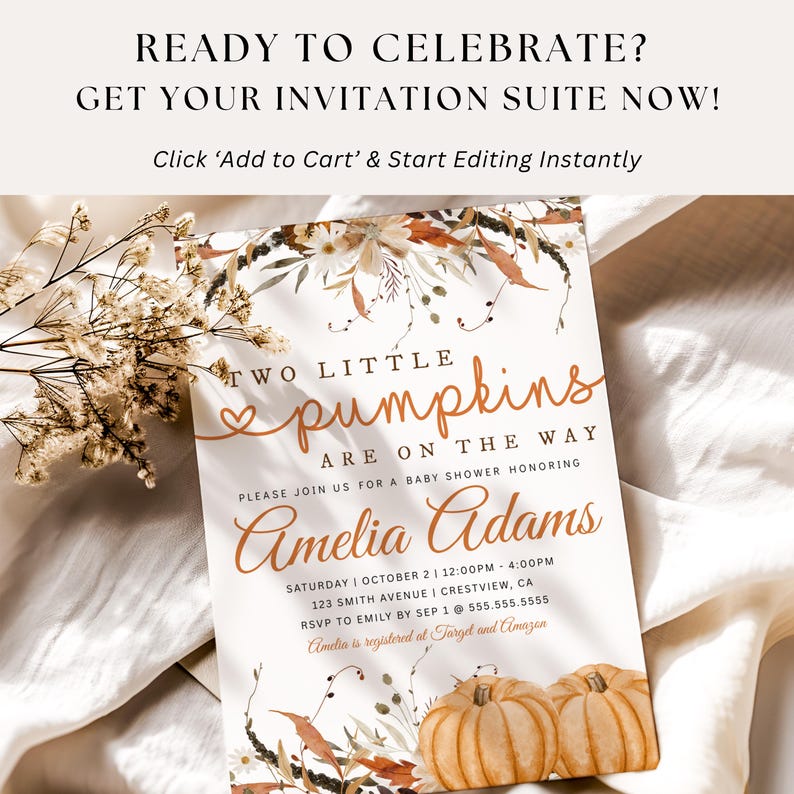 Digital invitation for twin baby shower with pumpkin graphics, great for eco-friendly hosts.