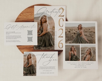 Graduation Invitation Bundle • Double-Sided Grad Invite • QR Gift Registry Card • Graduation Thank You Card Template