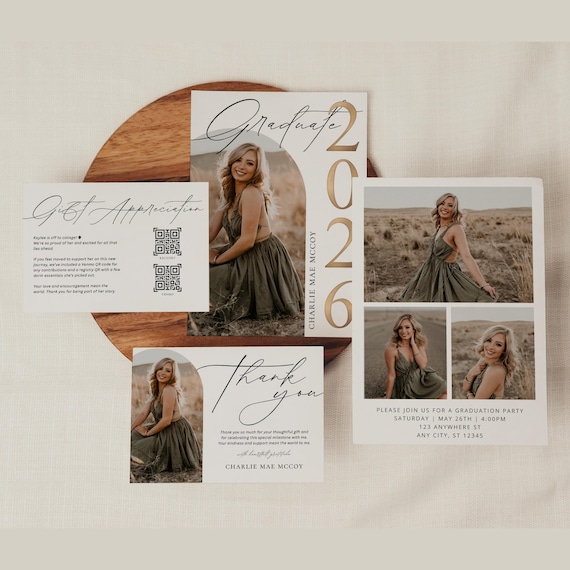 Graduation Invitation Bundle • Double-Sided Grad Invite • QR Gift Registry Card • Graduation Thank You Card Template