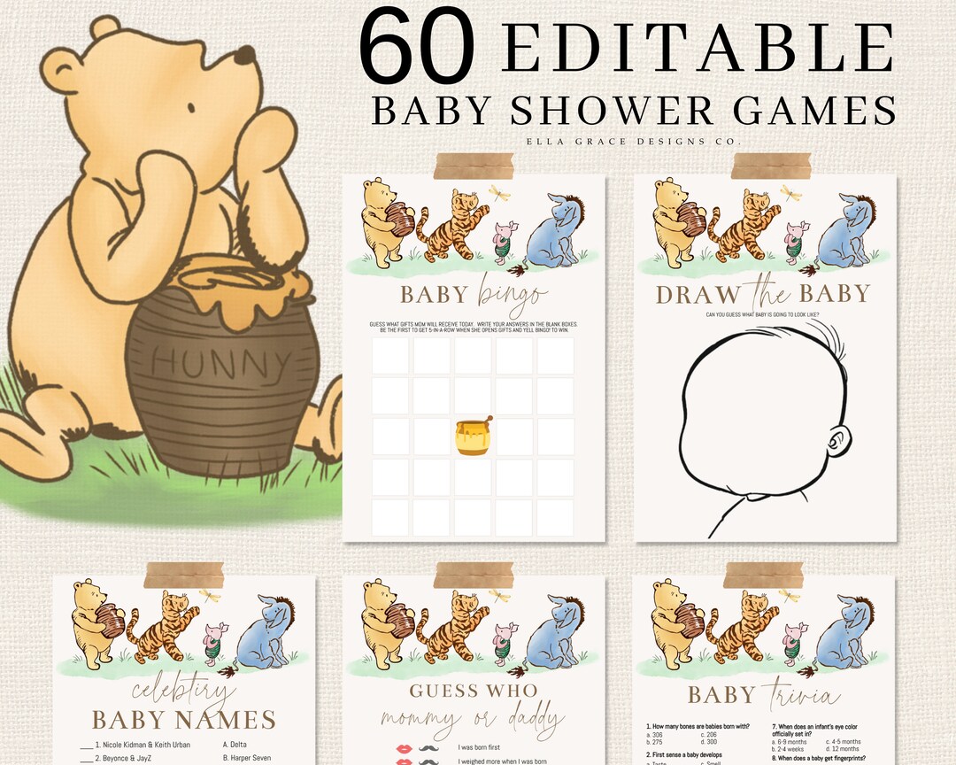 60 Pooh Baby Shower Games, Editable Winnie the Pooh Classic Party Games