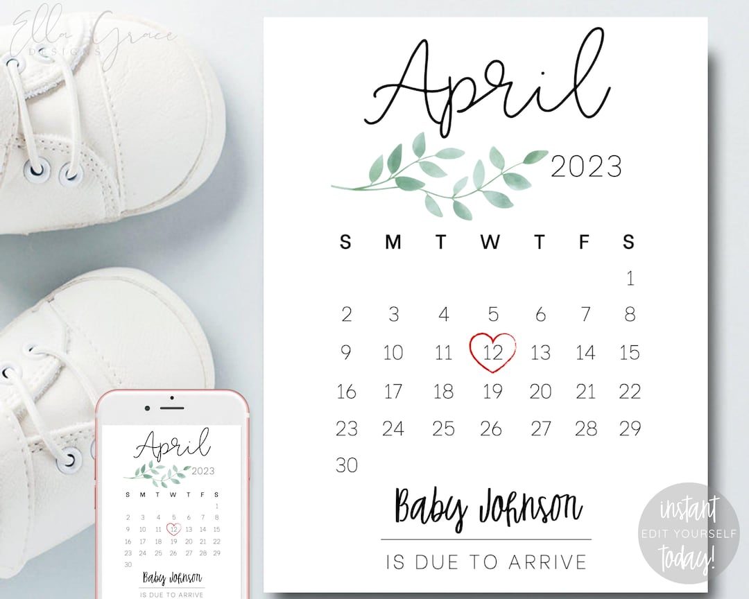 April Due Date Calendar Printable, Baby Pregnancy Announcement, Printable Pregnancy Announcement