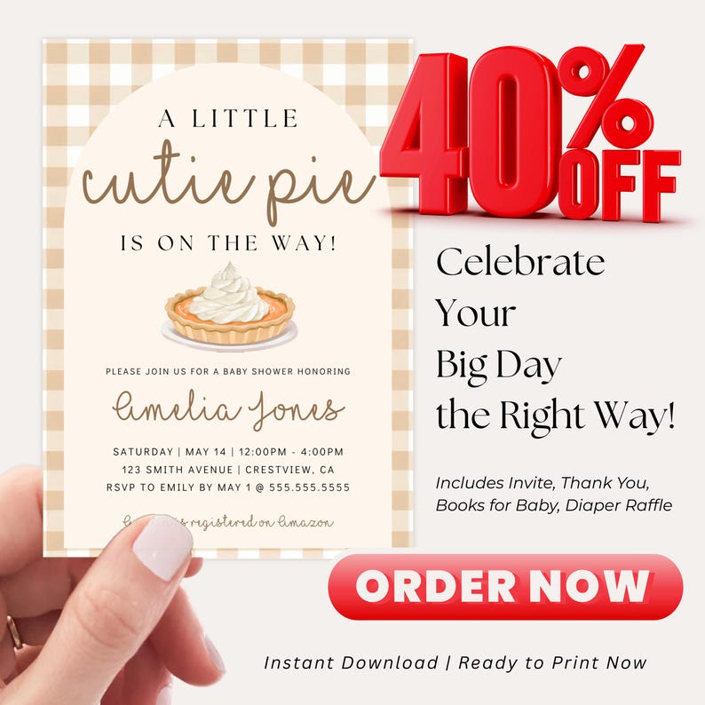 Downloadable baby shower invite set with pie-inspired layout and warm color palette.