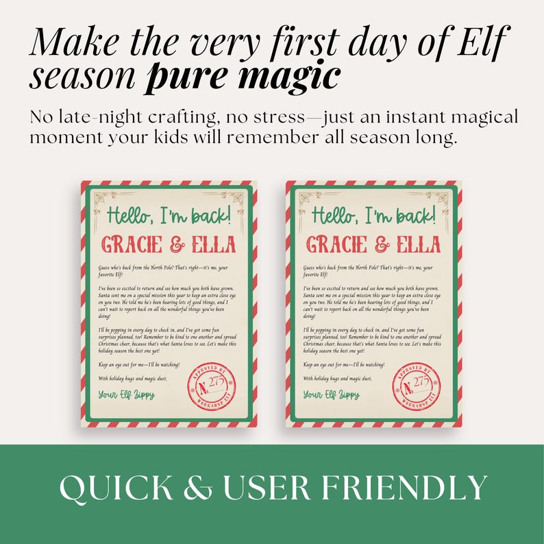 Digital elf note template with sweet message and whimsical look, used by parents to kick off the elf holiday tradition
