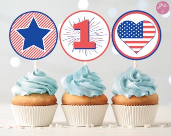 4th of July Cupcake Toppers, 4th of July Birthday Cupcake Toppers, 4th of July Party Decor, Little Firecracker Birthday, First Birthday