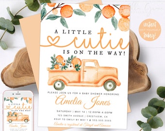 Editable Little Cutie Baby Shower Invitation, Greenery Orange Gender Neutral Baby Shower Invite, Citrus Baby Shower Invitation, Clementine