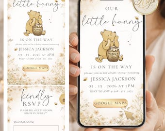 Classic Winnie the Pooh Baby Shower Invitation Template • Interactive Digital RSVP • Our Little Hunny Shower Invite