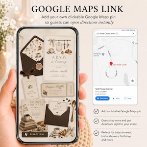 May include: A smartphone screen displaying a digital baby shower invitation suite with a coffee theme, featuring text that reads A BABY is brewing, Diaper Raffle, and RSVP. A separate Google Maps interface shows a pin at 123 Poole Circle, Avon, CT.