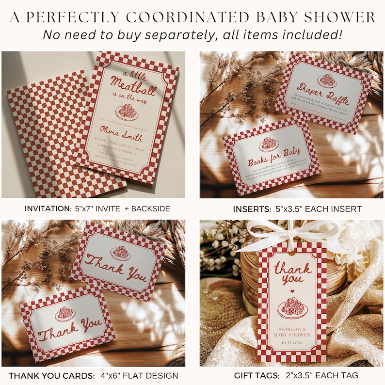 May include: A baby shower stationery set featuring a red and white checkered border pattern. Includes a 5"x7" invitation, 5"x3.5" diaper raffle and books for baby inserts, 4"x6" thank you cards, and 2"x3.5" gift tags with a meatball illustration.