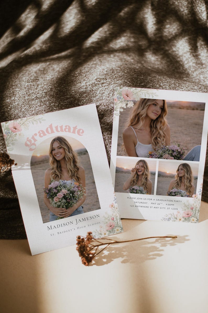 Modern feminine wildflower graduation party invite printable