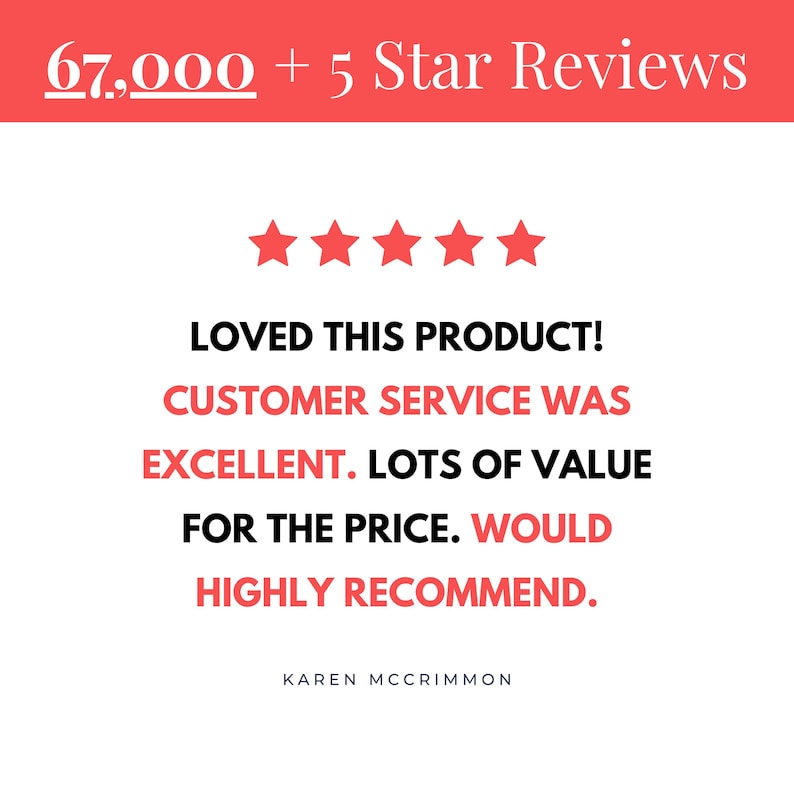 Op de afbeelding: Een grafische weergave met de tekst 67,000 + 5 Star Reviews bovenaan, gevolgd door vijf rode sterren. Daaronder staan de woorden LOVED THIS PRODUCT! CUSTOMER SERVICE WAS EXCELLENT. LOTS OF VALUE FOR THE PRICE. WOULD HIGHLY RECOMMEND. Ondertekend door Karen McCrimmon.