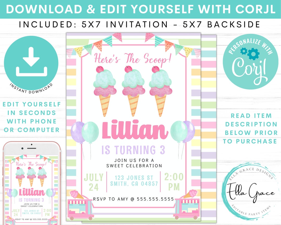 Editable Ice Cream Party Invitation Template, Ice Cream Birthday ...