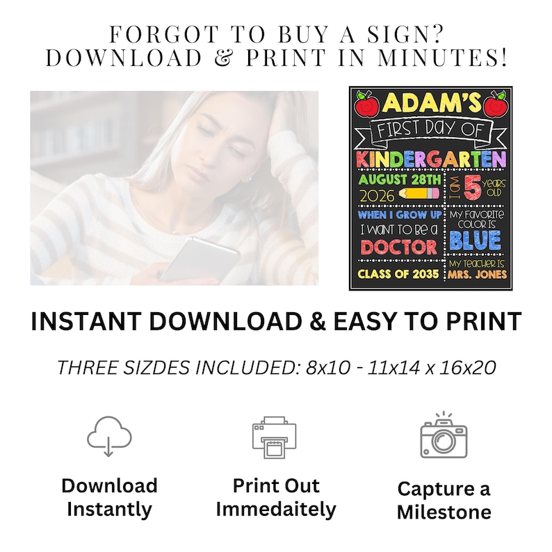 May include: A digital chalkboard sign for the first day of kindergarten featuring the text Adam's First Day of Kindergarten, August 28th 2026, 5 years old, I want to be a doctor, my favorite color is blue, and Mrs. Jones, with red apple icons.