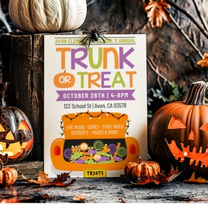 Może przedstawiać: Kolorowy plakat zapowiadający wydarzenie Trunk or Treat w szkole podstawowej Avon 28 października w godzinach od 16:00 do 20:00. Plakat przedstawia rysunkową ilustrację bagażnika samochodu wypełnionego słodyczami i tekst "TRUNK OR TREAT".