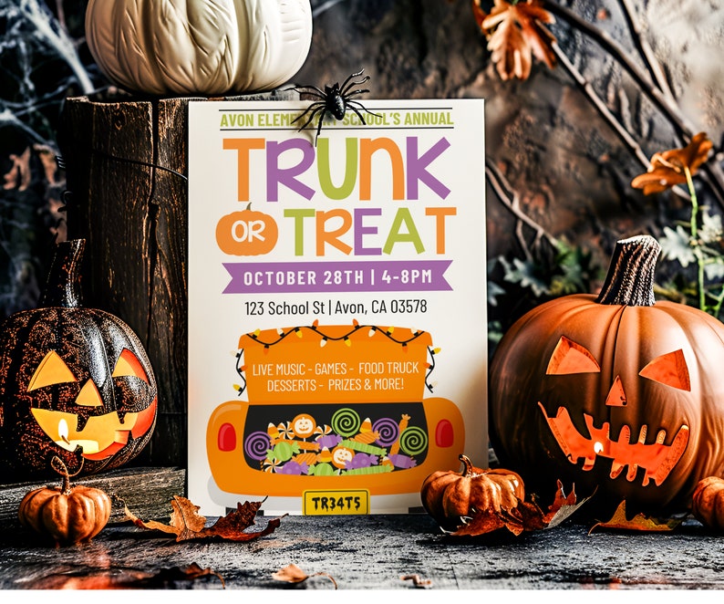 Może przedstawiać: Kolorowy plakat zapowiadający wydarzenie Trunk or Treat w szkole podstawowej Avon 28 października w godzinach od 16:00 do 20:00. Plakat przedstawia rysunkową ilustrację bagażnika samochodu wypełnionego słodyczami i tekst "TRUNK OR TREAT".