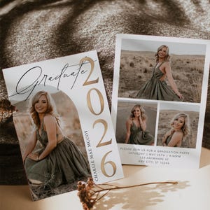 modern graduation announcement card with photo and editable text