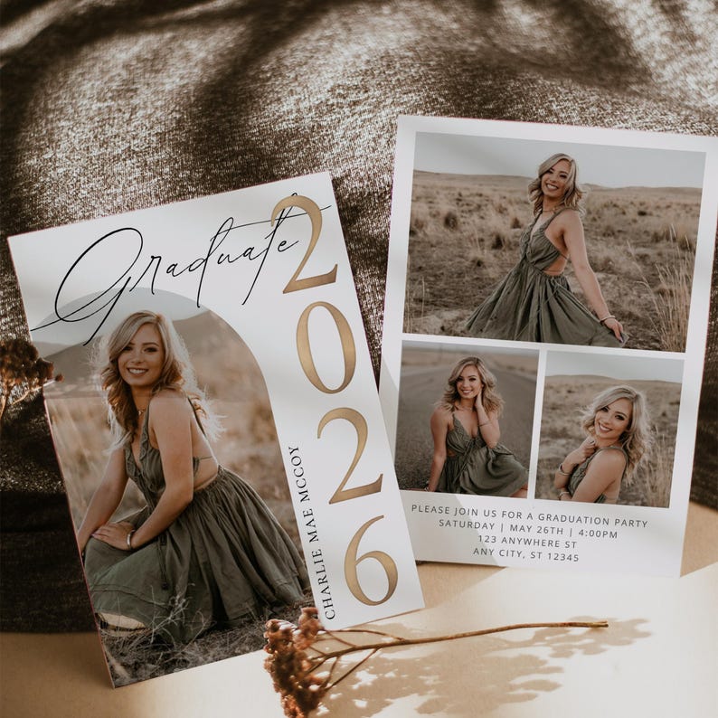 modern graduation announcement card with photo and editable text