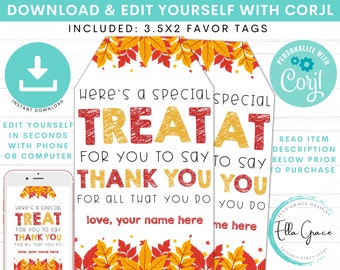 Editable Printable Autumn Treat Thank you Tag, Fall Appreciation Gift Tags, Thanksgiving Favor Tags, Teacher Thank you Tag, Thankful Tag