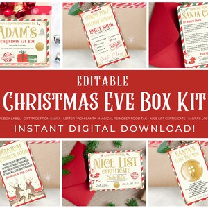Kit de caixa de véspera de Natal EDITÁVEL, carta do Papai Noel, belo certificado, etiquetas, etiquetas, caixa de tradição de véspera de Natal, download instantâneo para impressão