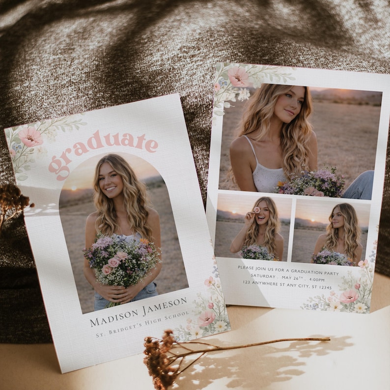 Wildflower graduation invitation template with photo for Class of 2026 girl