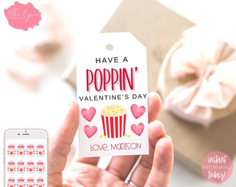 Editable Valentine's Gift Tags, Gift Tags for Valentine's Day, Printable, Valentines Day Gift Tag, Happy Valentines Day Tag, Popcorn Tags