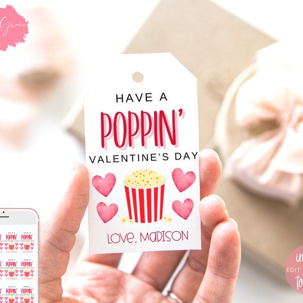 Editable Valentine's Gift Tags, Gift Tags for Valentine's Day, Printable, Valentines Day Gift Tag, Happy Valentines Day Tag, Popcorn Tags