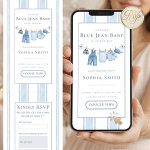 May include: Digital invitation for a baby shower with a blue jean theme. The design features watercolor illustrations of baby clothes hanging on a clothesline, with the text "A Little Blue Jean Baby is on the Way". Includes RSVP details.