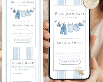Blue Jean Baby Shower Invitation Interactive Digital RSVP Template Boy Baby Shower Evite with Clickable Links and Books for Baby Insert