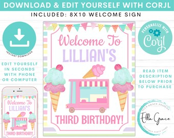 Editable Ice Cream Truck Birthday Party Welcome Sign, Girl Ice Cream Party, Ice Cream Party Welcome Sign, Summer Party, Instant Download