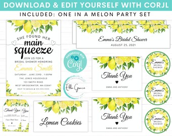 Editable Lemon Bridal Shower Party Package, Lemon Bridal Shower Decorations, Invitations, Cupcake Toppers, Thank You Tags, Bottle Labels