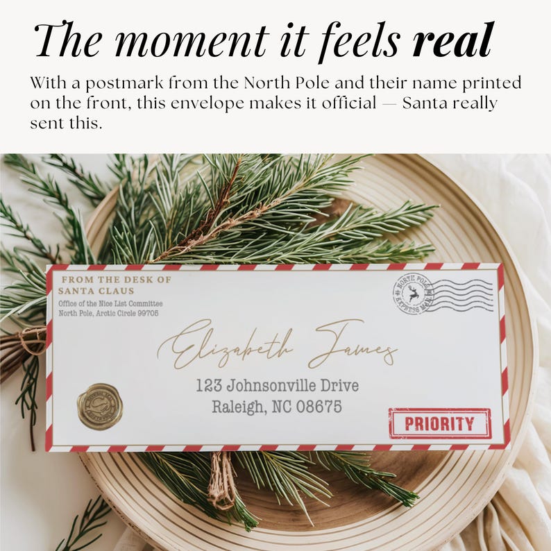 Digital Santa envelope with editable fields and calligraphy font, creates an unforgettable holiday moment for your kids