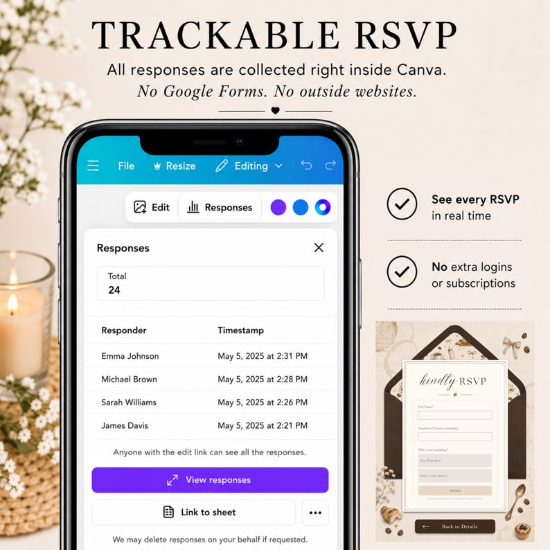 May include: A smartphone screen displaying a digital RSVP tracking interface with the text TRACKABLE RSVP. The screen shows a list of responders, timestamps, and a total of 24 responses. Additional text notes that responses are collected in Canva.