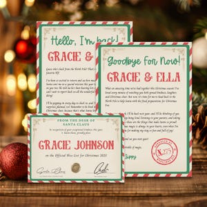 Könnte beinhalten: Weihnachtliches Schreibwaren-Set mit drei Karten und einer roten Dekoration. Die Karten haben rot-grüne Ränder und Texte wie "Hello, I'm back!", "Goodbye for Now!" und "Nice List for Christmas 2025".