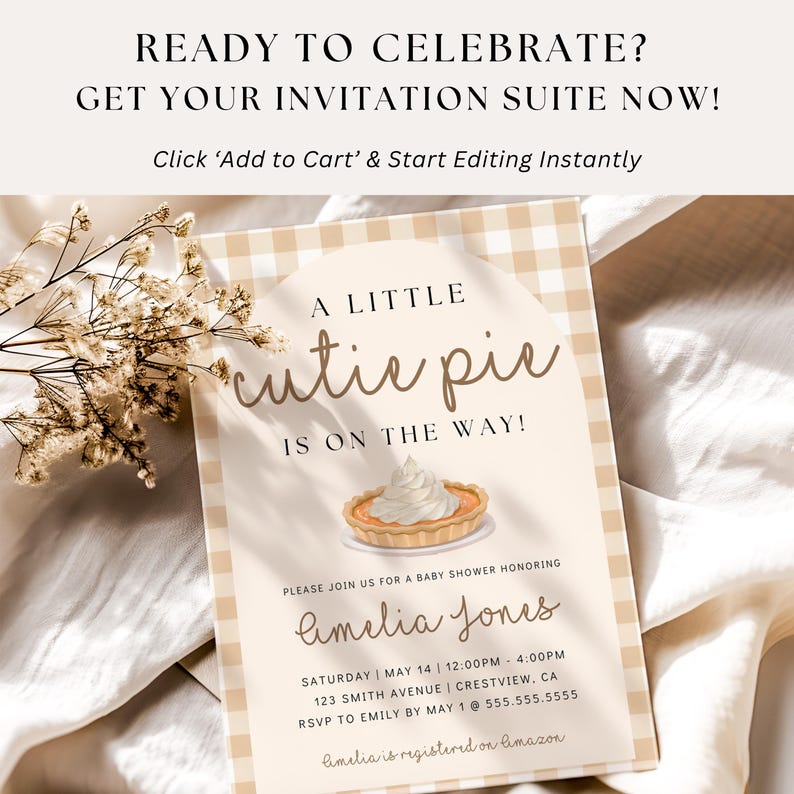 Invitation suite for baby shower featuring editable fields and pie-themed artwork, suited for boy, girl, or gender-neutral showers.