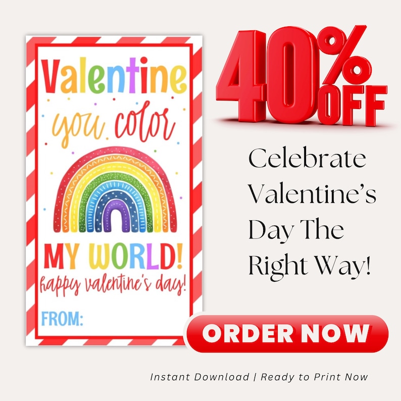 Bright and colorful Valentine card download, ideal for teachers or moms organizing class gifts