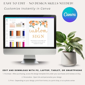 Op de afbeelding: Een computerscherm met een Canva-ontwerptemplate voor een aangepast bord. De template bevat een aquarel-illustratie van sinaasappelbloesems en de tekst "custom sign". De tekst onder het bord luidt "Voer uw eigen tekst in en maak een onbeperkt aantal borden!"