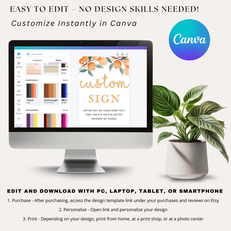 Op de afbeelding: Een computerscherm met een Canva-ontwerptemplate voor een aangepast bord. De template bevat een aquarel-illustratie van sinaasappelbloesems en de tekst "custom sign". De tekst onder het bord luidt "Voer uw eigen tekst in en maak een onbeperkt aantal borden!"