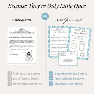 Digital Tooth Fairy kit includes printable letter, receipt, and envelope, designed to bring magic to a child's tooth loss milestone.