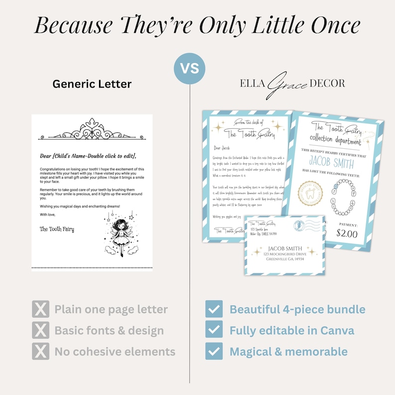 Digital Tooth Fairy kit includes printable letter, receipt, and envelope, designed to bring magic to a child's tooth loss milestone.