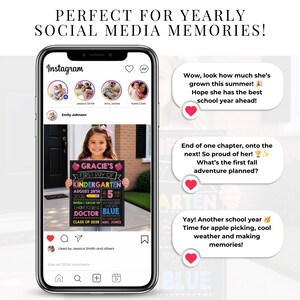 Op de afbeelding: Een smartphonescherm met een Instagram-bericht van een kind dat een zwart schoolbord vasthoudt met de tekst Gracie's First Day of Kindergarten, August 28th 2026, met secties voor leeftijd, favoriete kleur en toekomstige carri&egrave;redoelen in kleur.