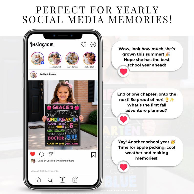 Op de afbeelding: Een smartphonescherm met een Instagram-bericht van een kind dat een zwart schoolbord vasthoudt met de tekst Gracie's First Day of Kindergarten, August 28th 2026, met secties voor leeftijd, favoriete kleur en toekomstige carri&egrave;redoelen in kleur.