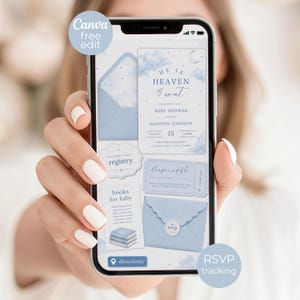 May include: A digital baby shower invitation set displayed on a smartphone screen, featuring a light blue colour palette with clouds, a crescent moon, and stars. The text reads He is heaven sent, baby shower, registry, books for baby, and rsvp.