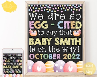 Editable Easter Pregnancy Announcement Chalkboard Poster Printable, We're Eggcited to Say, Pregnancy Reveal, Easter, Expecting, Digital File